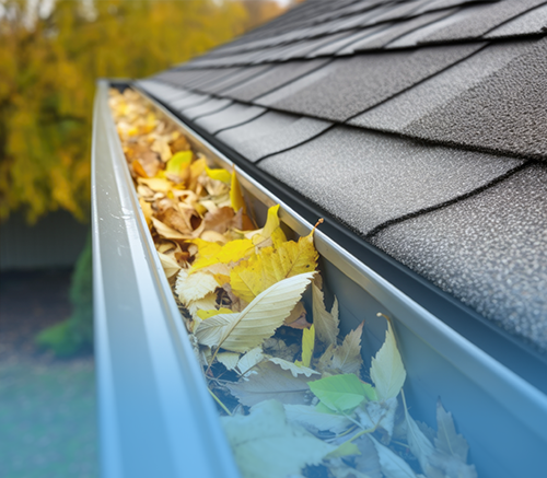 Clogged gutter with autumn leaves